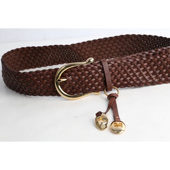 Michael Kors Belt Brown Braided Leather Gold Buckle Weave Boho Size L - Picture 6 of 16